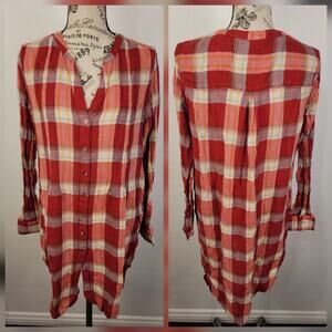 Akemi + Kin Lucie Plaid Tunic Top SZ M Red motif Boho Festival Anthropologie